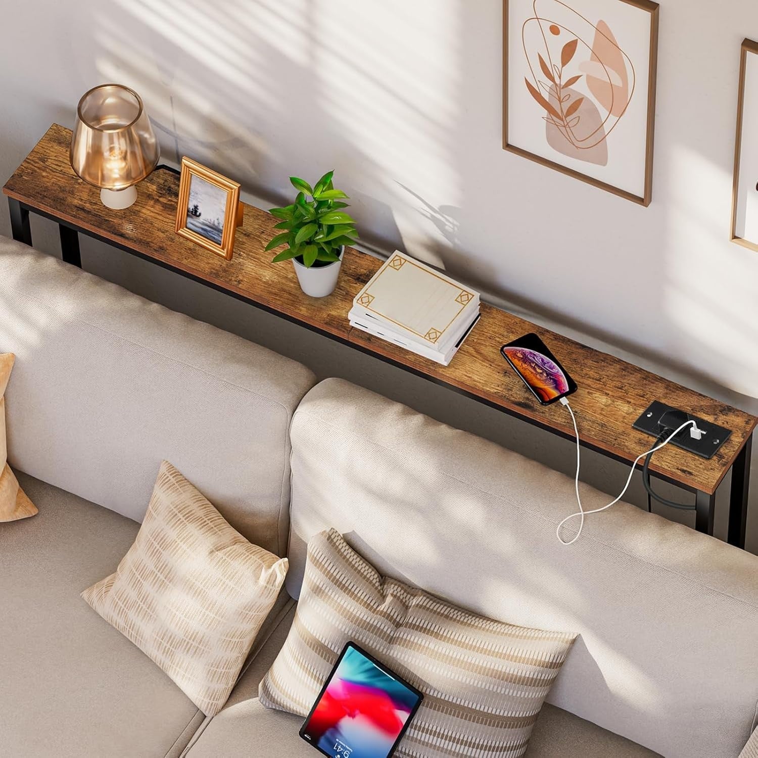 Slim Console Table with Charging Ports, Entryway Sofa Table, 120cm Narrow