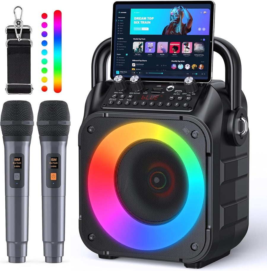 Karaoke Machine with 2 Wireless Mics Bluetooth Speaker LED 15W