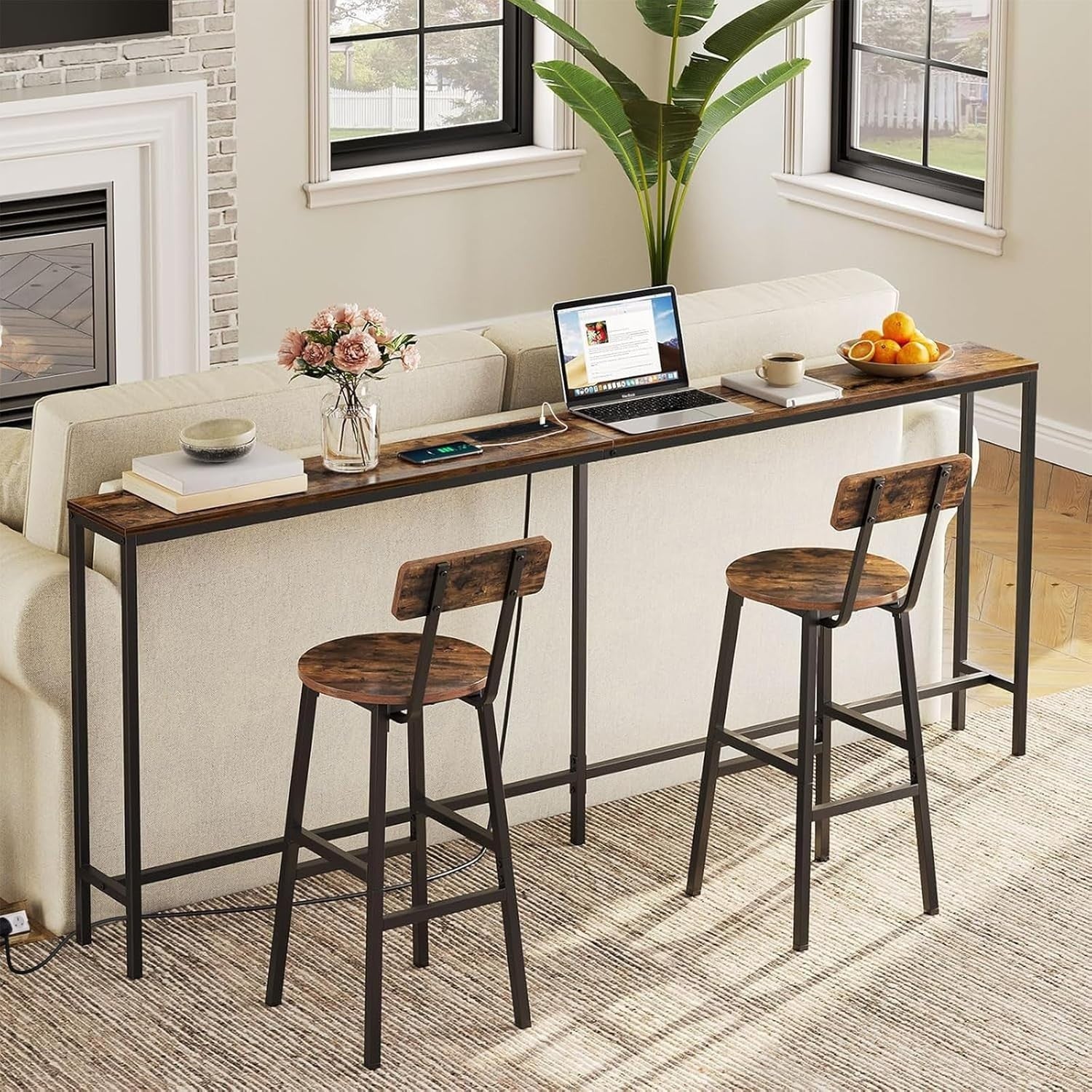 Rustic 200cm Slim Console Table with USB & Power, Ideal for Hallway/Sofa