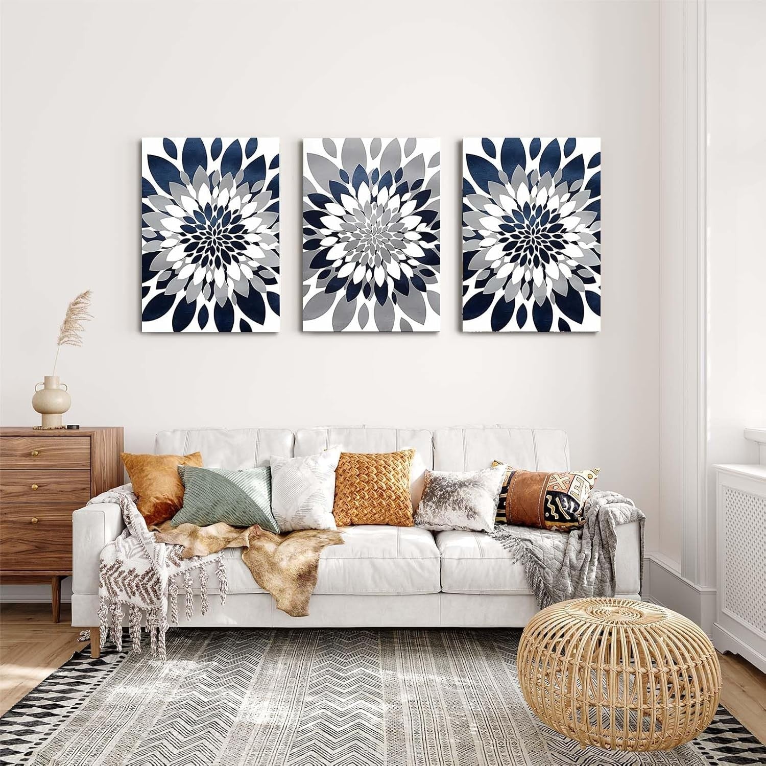 Framed Canvas Wall Art Set of 3 Navy Grey Mandala Prints 12x16 Modern Decor