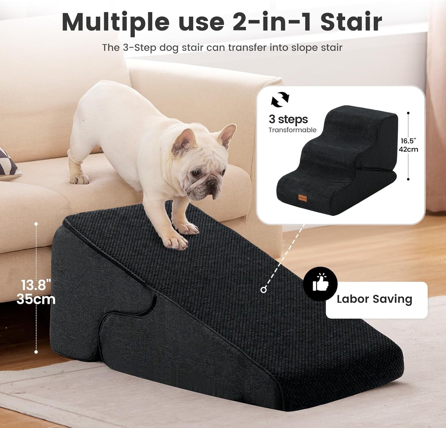 Adjustable 3 Step Dog Stairs Pet Ramp Non Slip Washable Black Grey