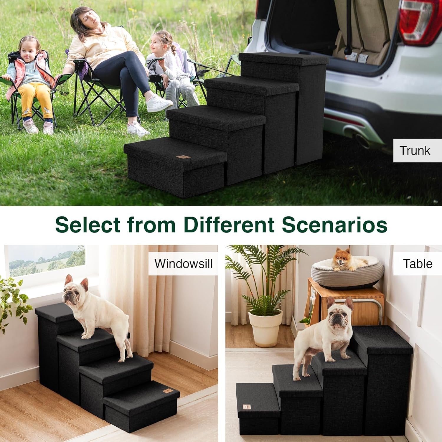 Dog Stairs 4 Step with Storage Foldable Pet Steps Black 200lb