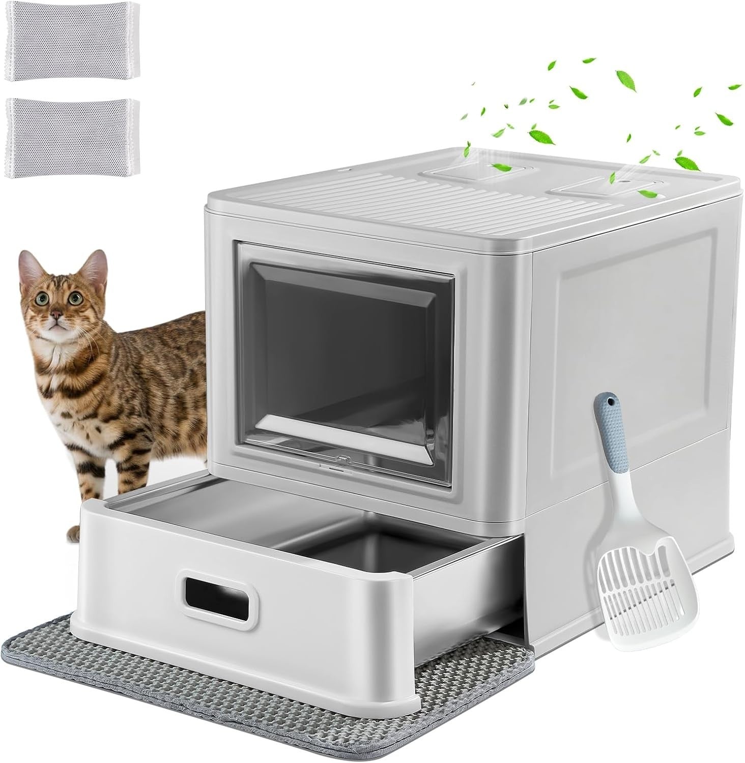 Enclosed Stainless Steel Cat Litter Box Lid Drawer Anti Leak Smell Free