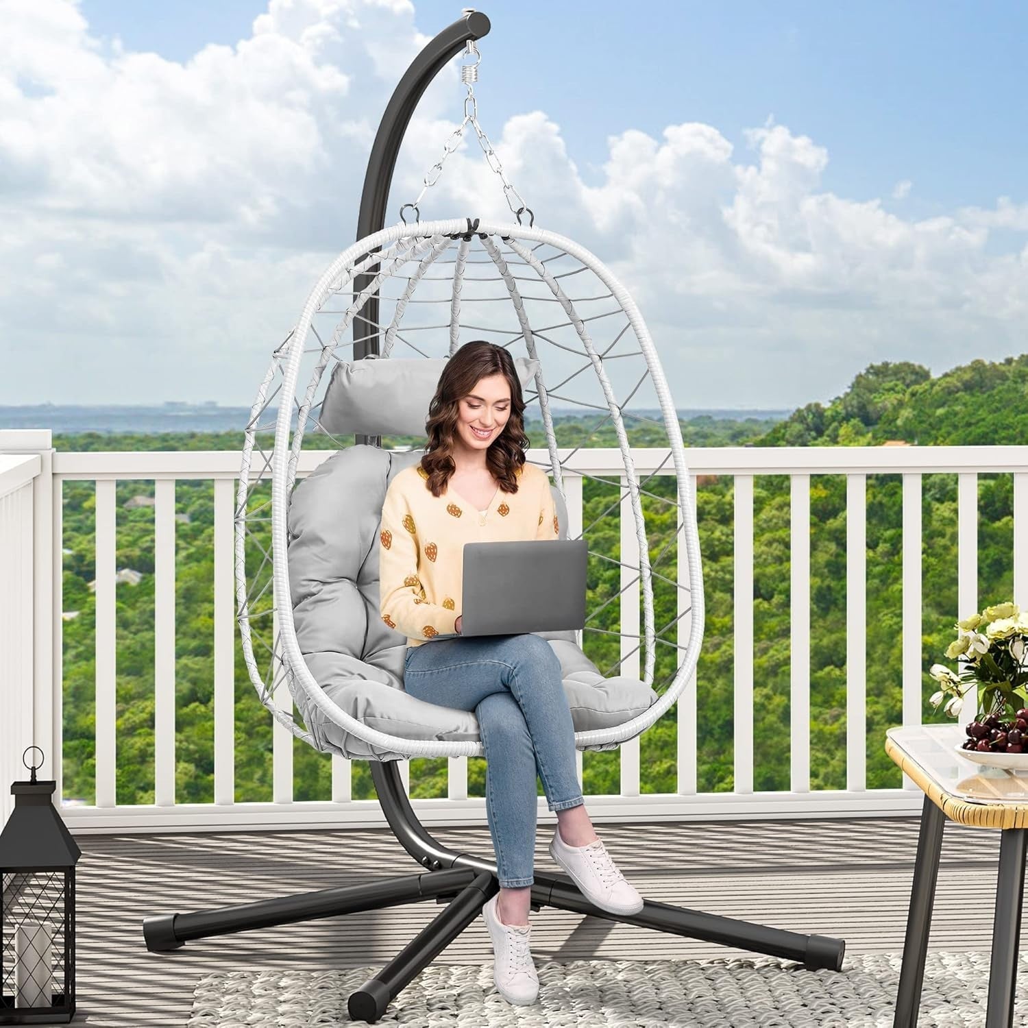 Luxury Hanging Egg Chair with Stand Outdoor Rattan Swing Seat Grey Cushion