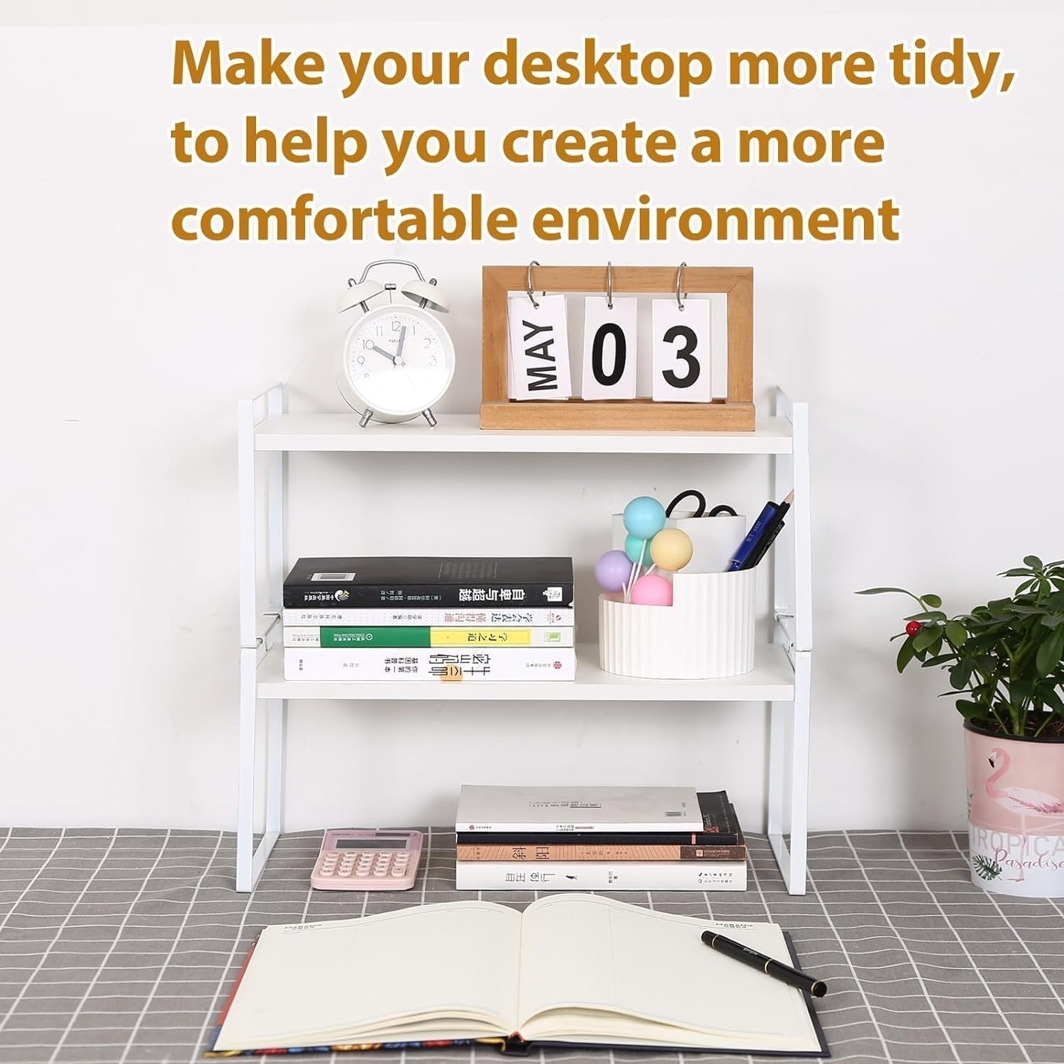 Adjustable Wood Desktop Shelf – 2-Tier Office Desk Organizer & Storage Rack