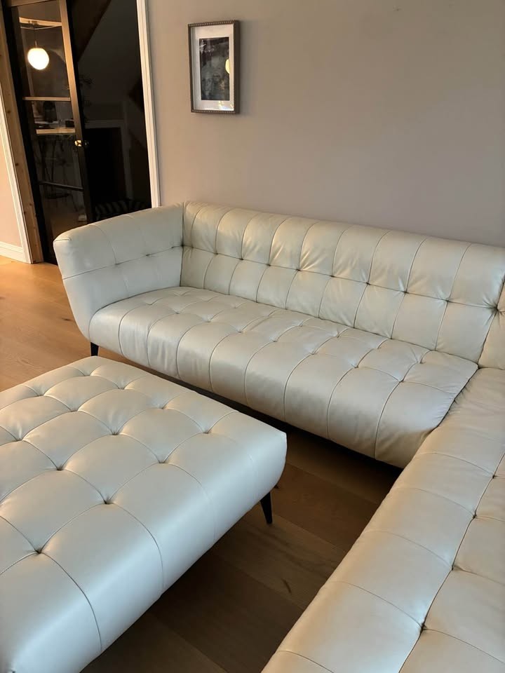 White Ivory Large Leather Corner Sofa + Armchair (PTP)