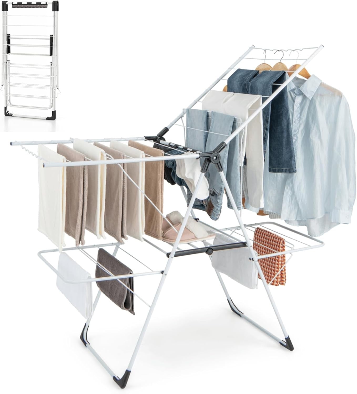 Foldable Clothes Drying Rack 2 Tier Freestanding Airer 33 Rails Adjustable