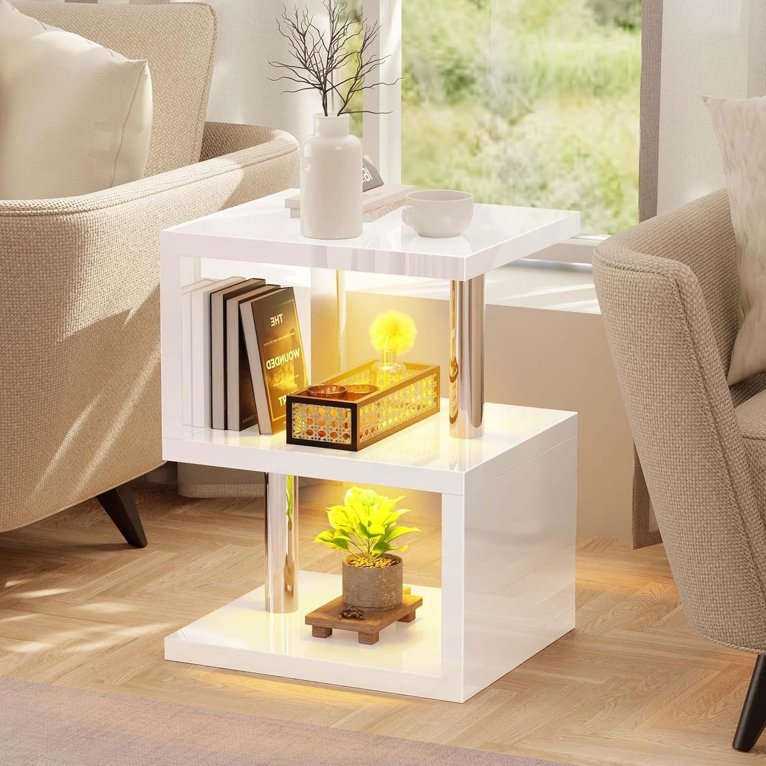 Modern S-Shaped LED Side Table with RGB Lighting & Storage Shelves 44x38x57cm