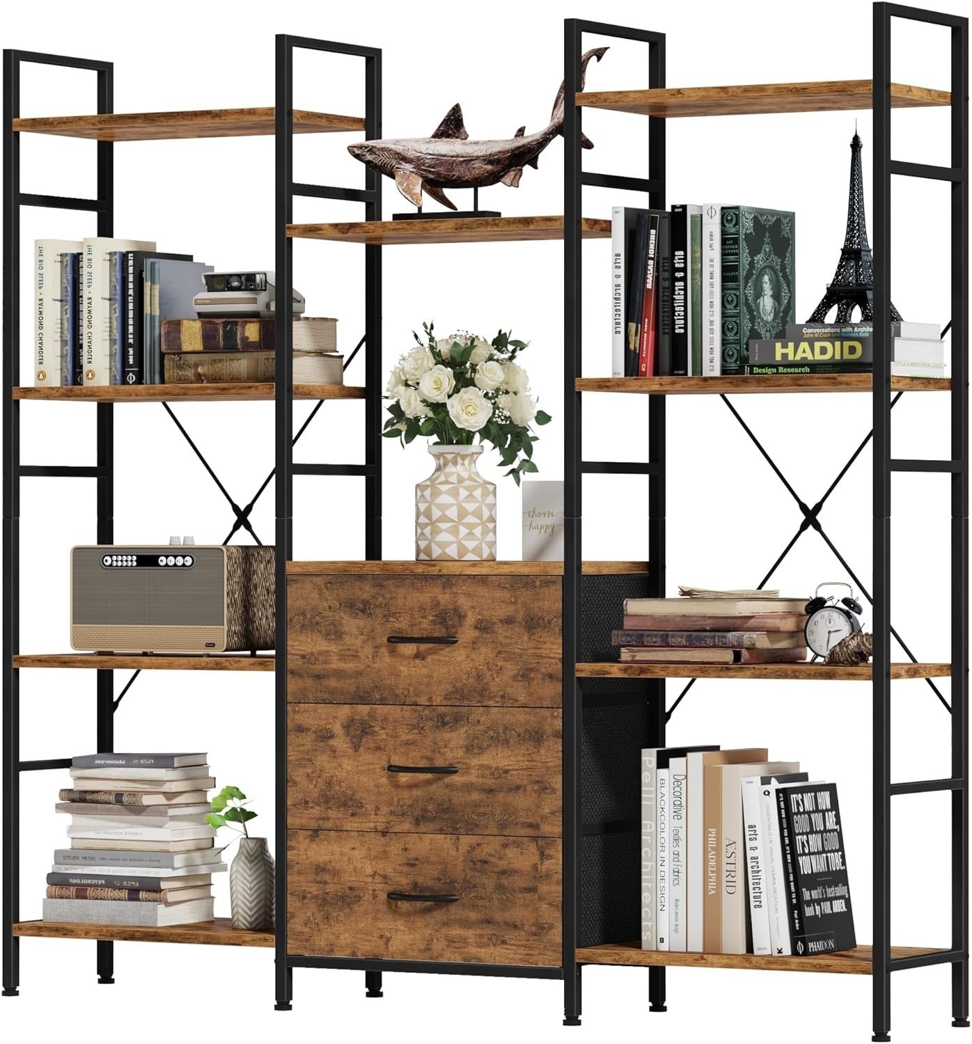 100cm Wide 4-Tier Tall Bookcase with 3 Fabric Drawers Industrial Storage Unit