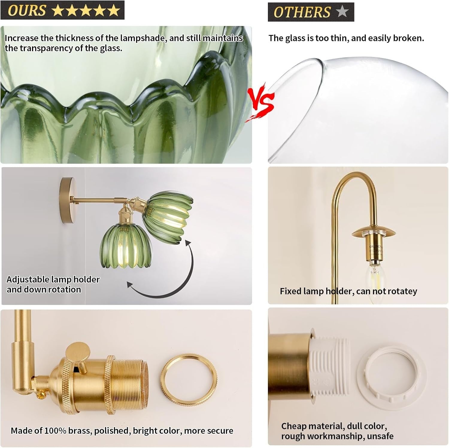 Vintage Wall Sconces Set of 2 Tulip Green Adjustable Brass Wall Lamps