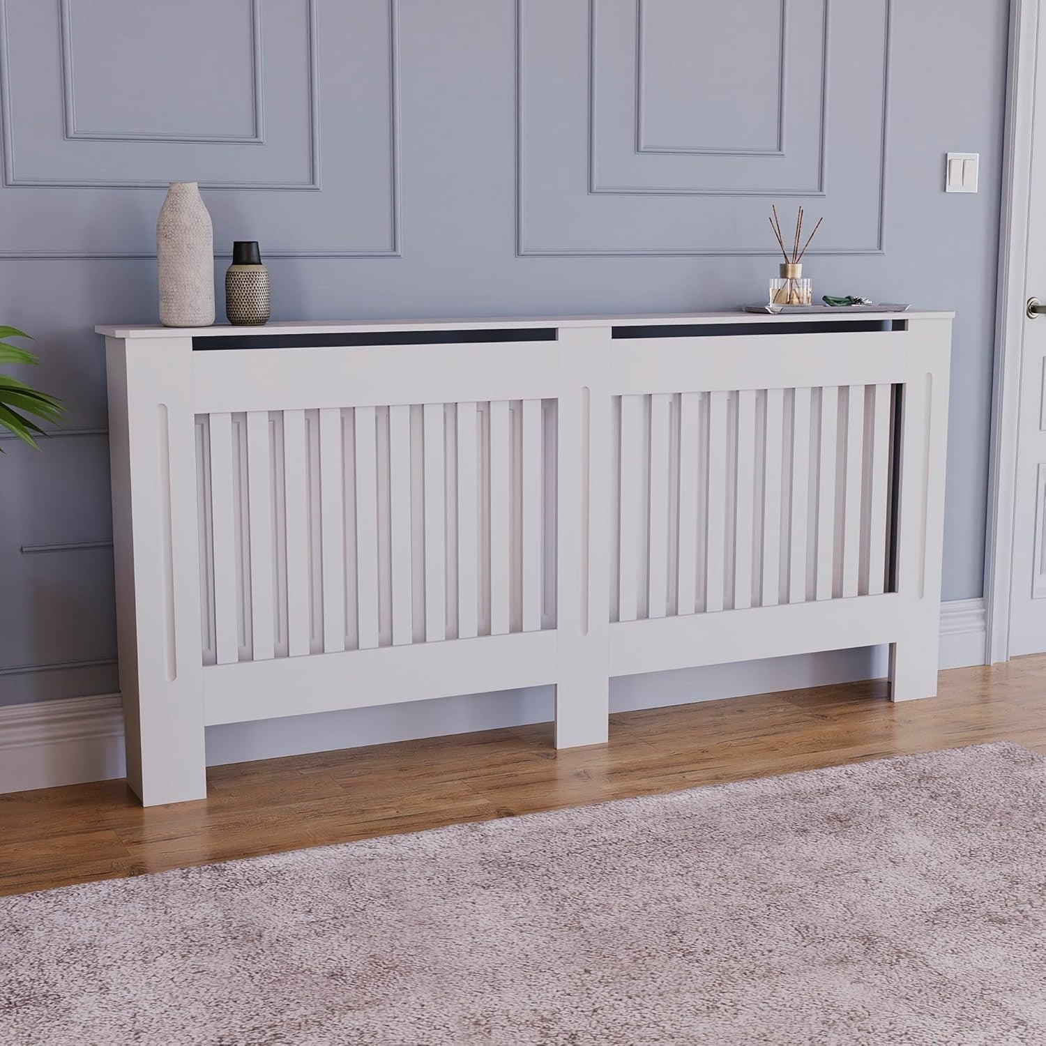 Extra Large White Radiator Cover | Modern Slatted MDF Heating Cabinet with Shelf
