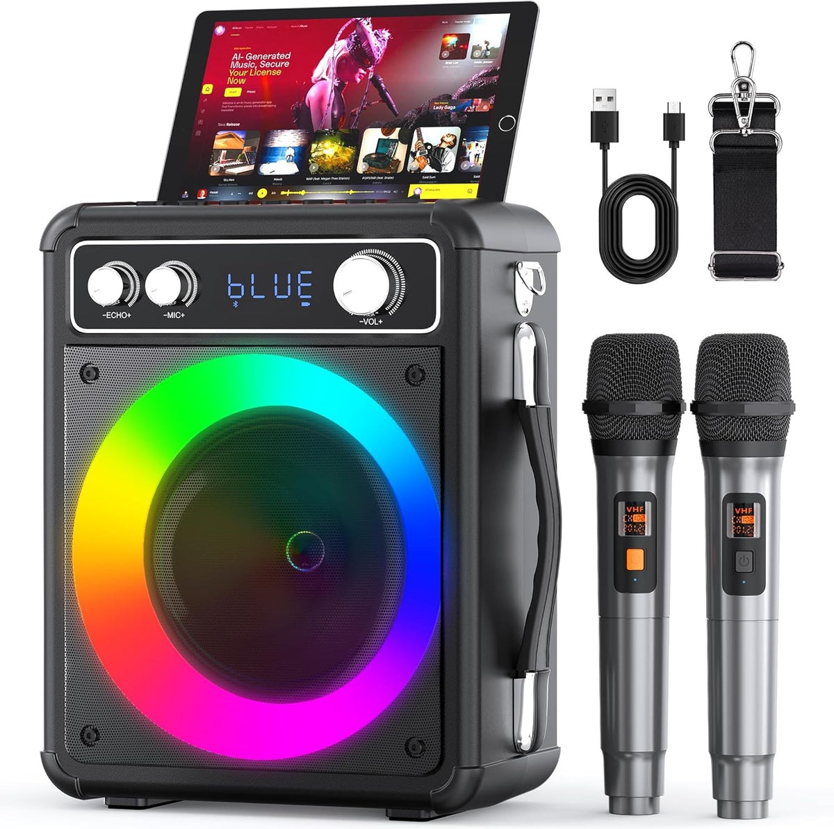 Karaoke Machine with 2 Wireless Mics Bluetooth Speaker LED