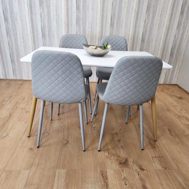 White Dining Table Set with 4 Grey Quilted Chairs – Modern Kitchen Set