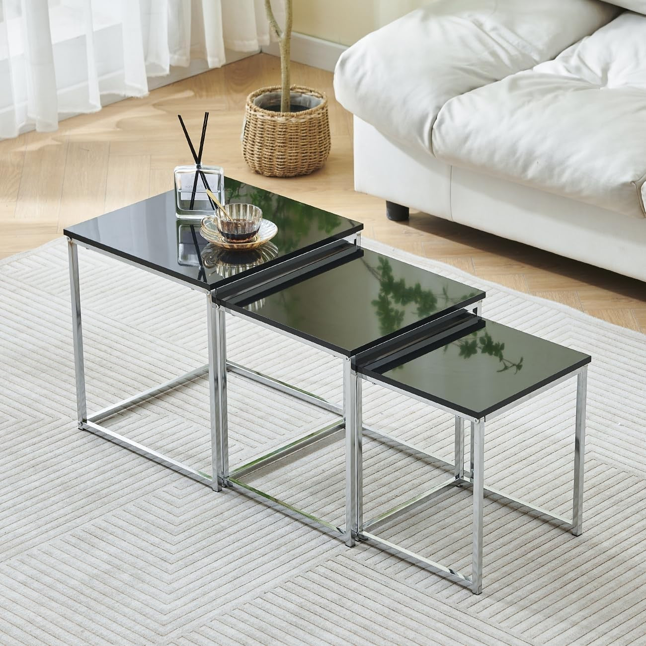 Set of 3 Black Nesting Coffee Tables Side End Bedside Lamp Table Wood Metal