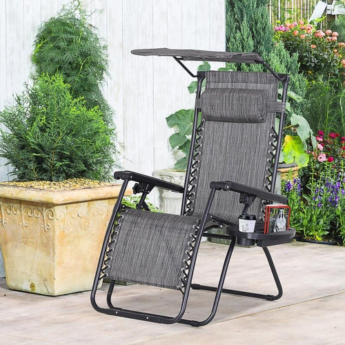 Zero Gravity Recliner Folding Garden Chair w/ Shade Cup Holder Grey