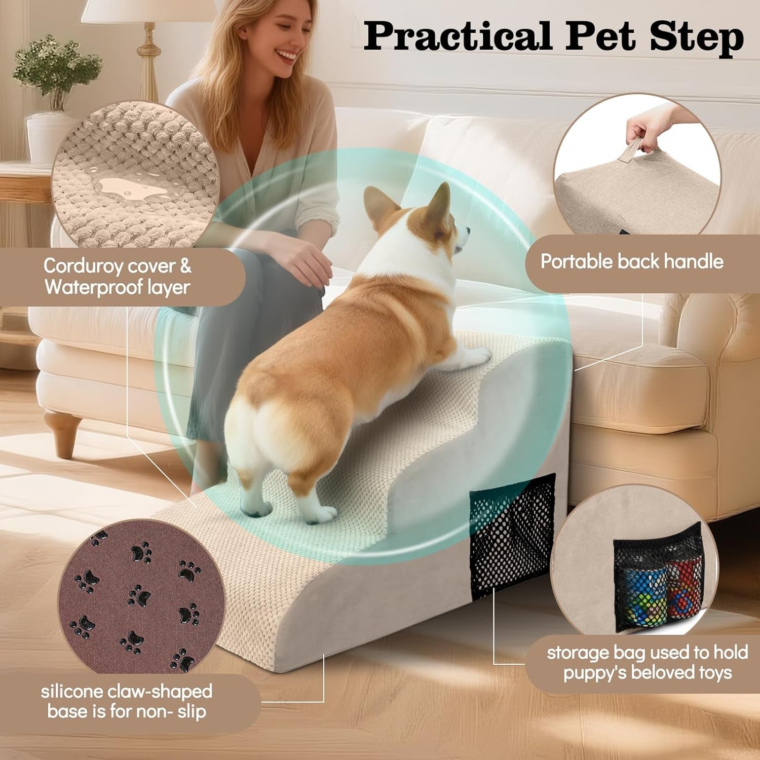 3 Step Dog Stairs for Bed Sofa Non Slip Washable Beige 60x40x40cm