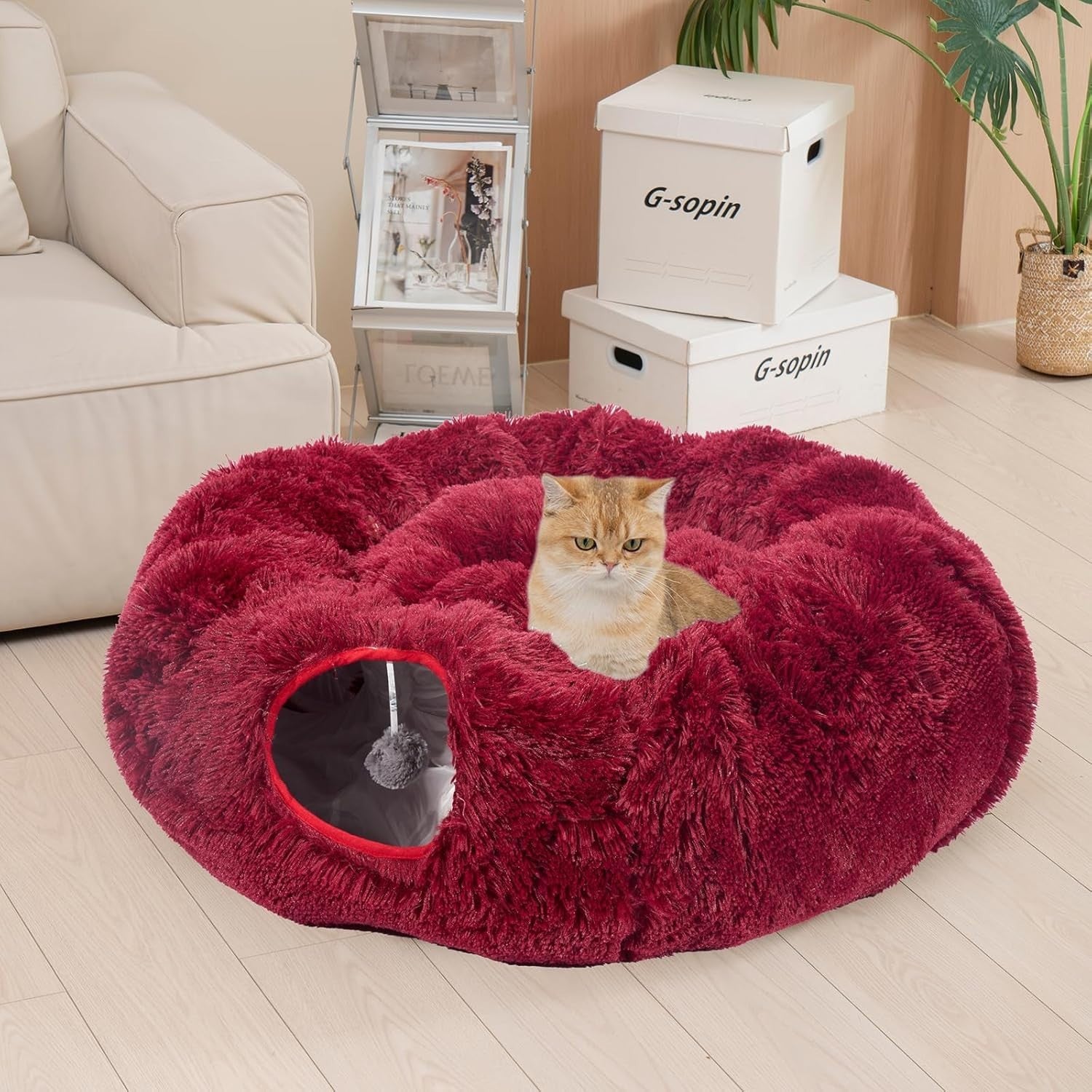 Cat Tunnel Bed Plush Donut Play Tunnel Large Circle w Cushion Red