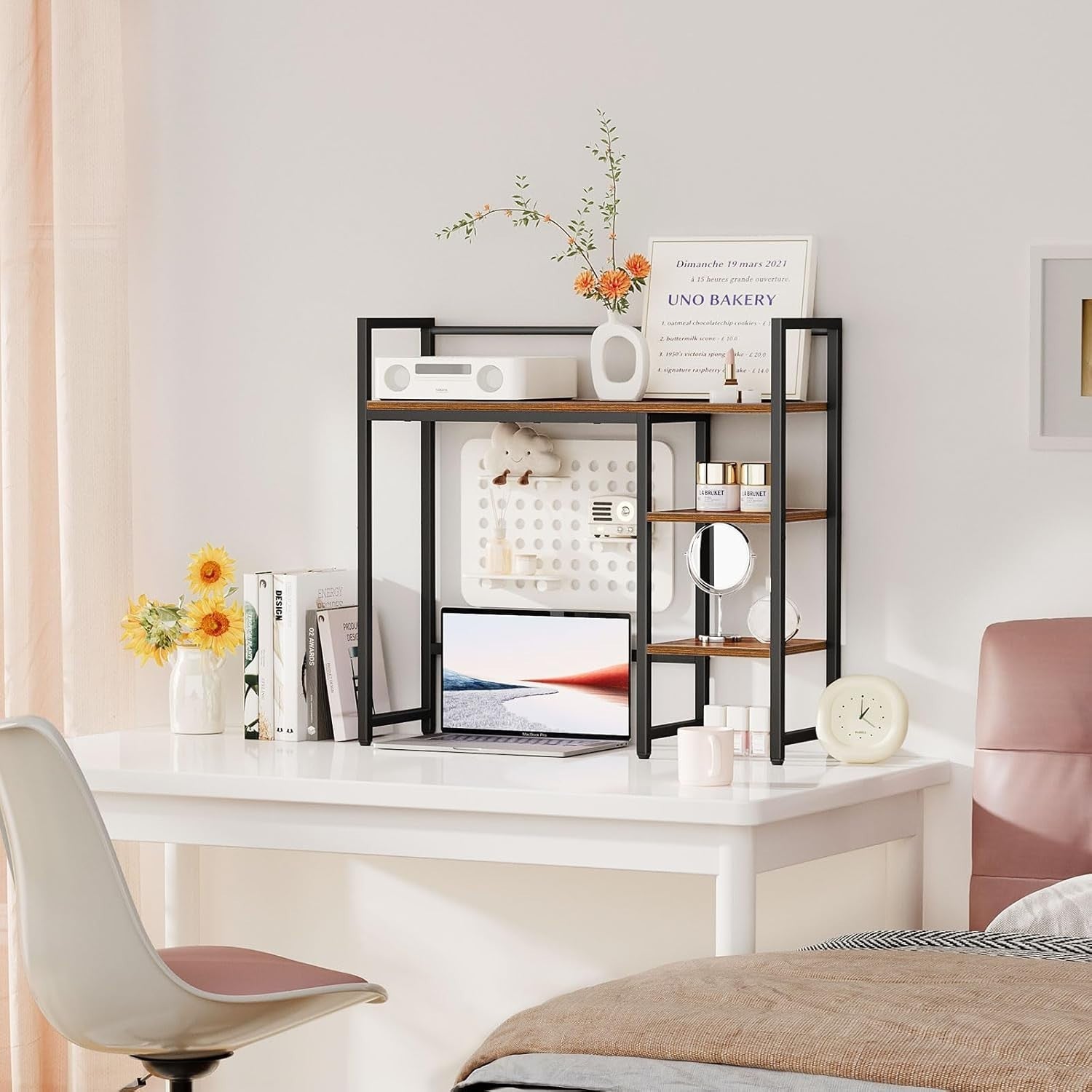 31.9" Desk Hutch Shelf Rustic Brown | 4-Tier Desktop Organizer Rack for Monitor