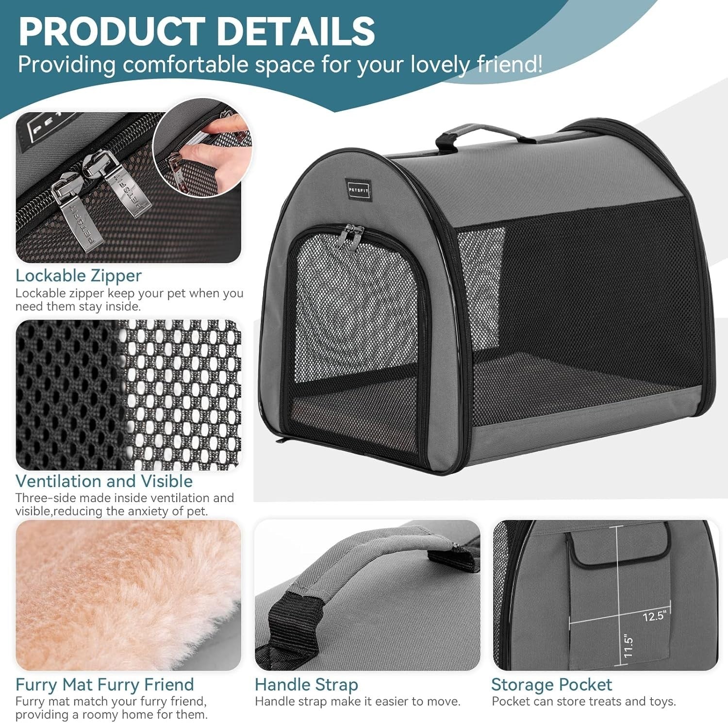 Soft Dog Crate Large 57x57x77cm Portable Travel Carrier Cat Kennel with Mat Grey