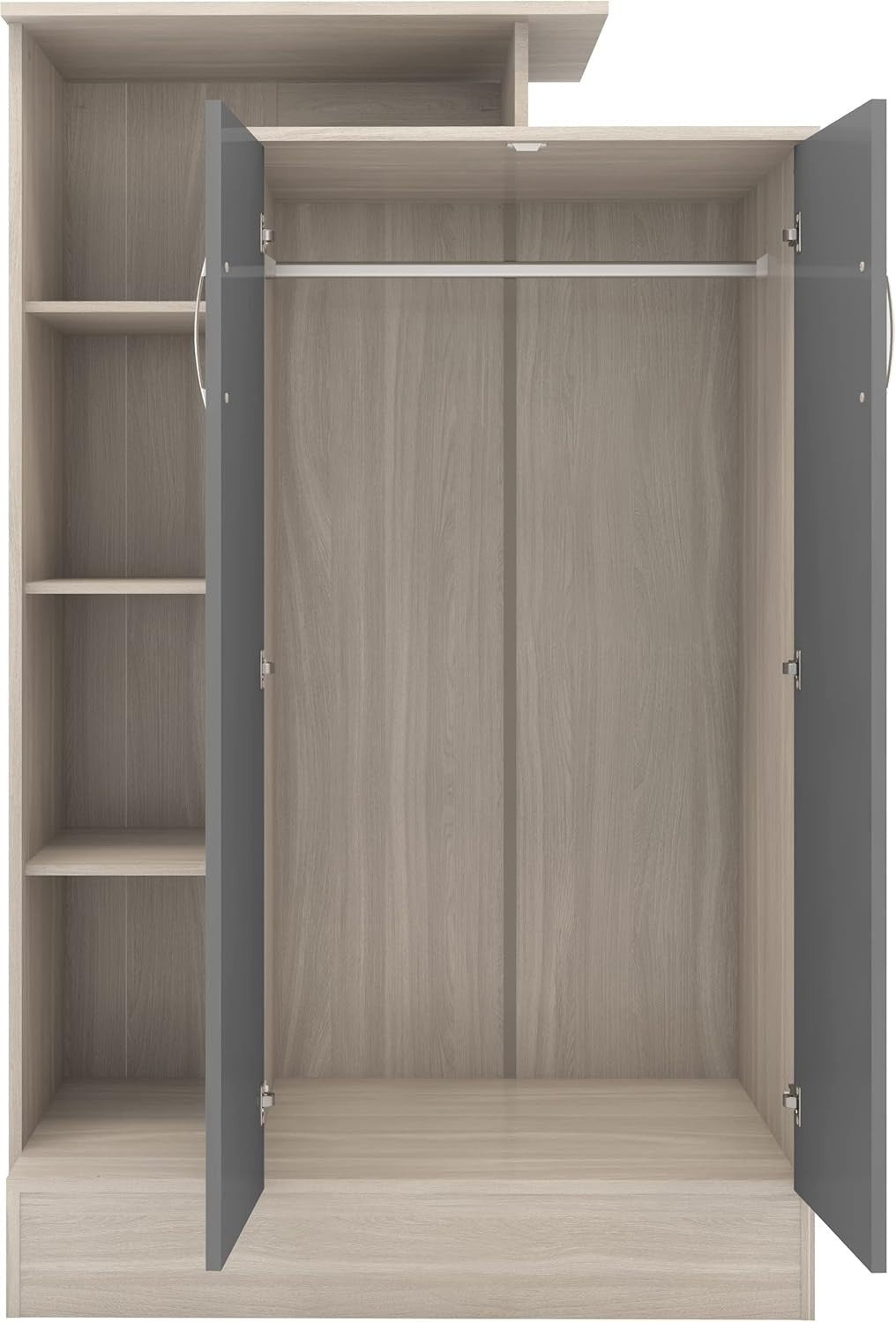 Grey Gloss Wardrobe with Open Shelves 2 Door Storage Cabinet Bedroom Unit