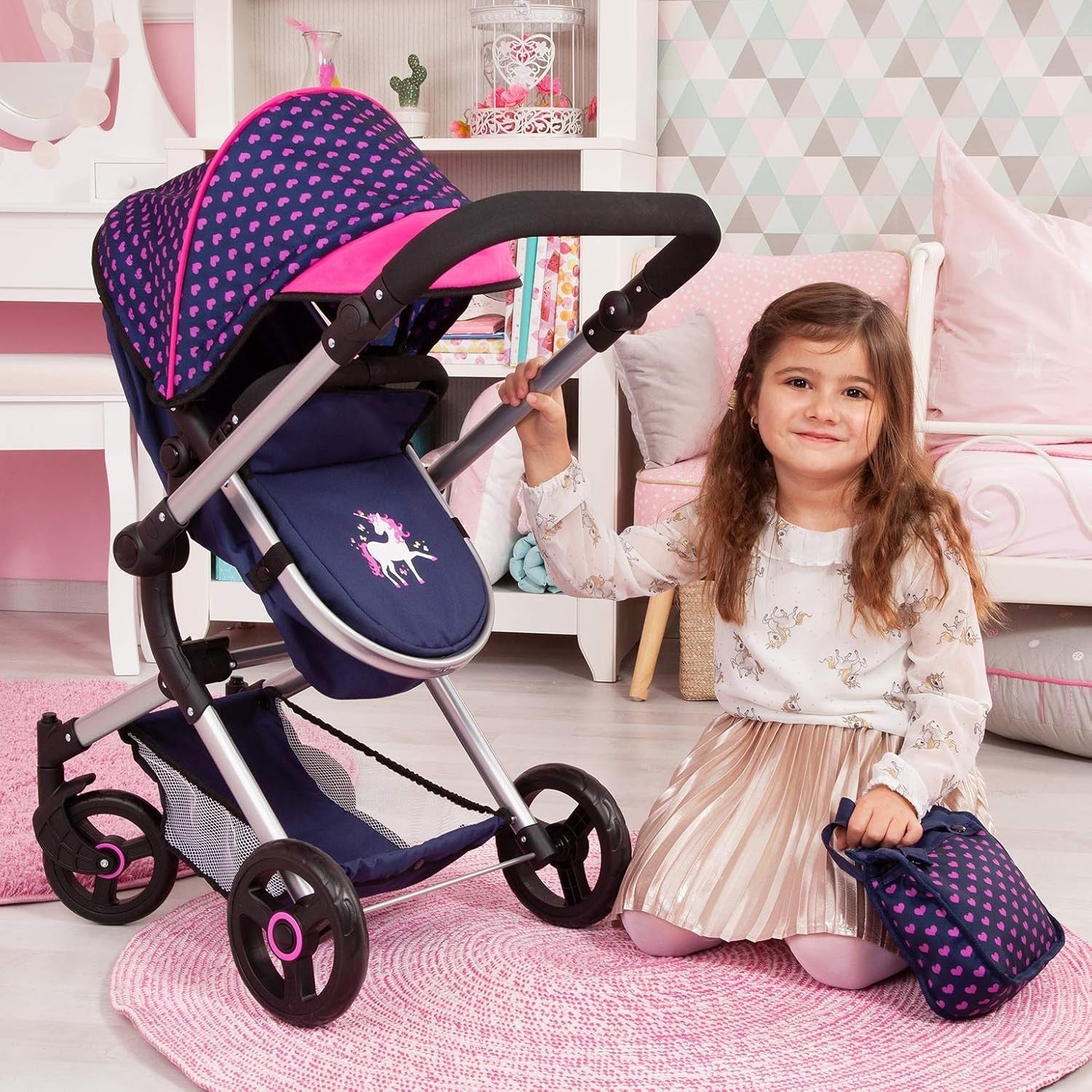 Convertible Dolls Pram Pushchair Adjustable Handle Foldable Basket Bag