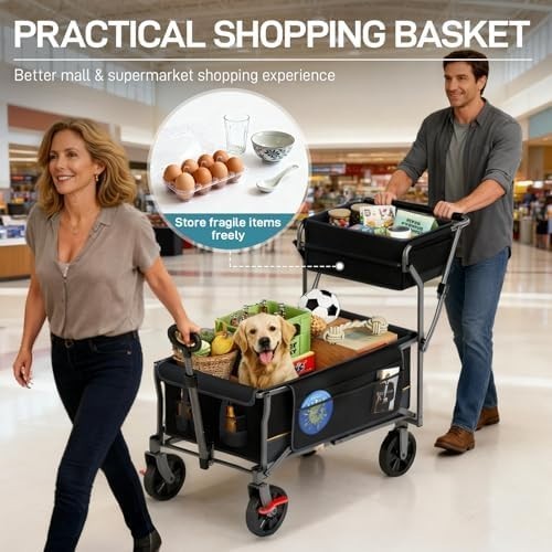 Heavy Duty Foldable Festival Trolley Push & Pull Wagon with Basket