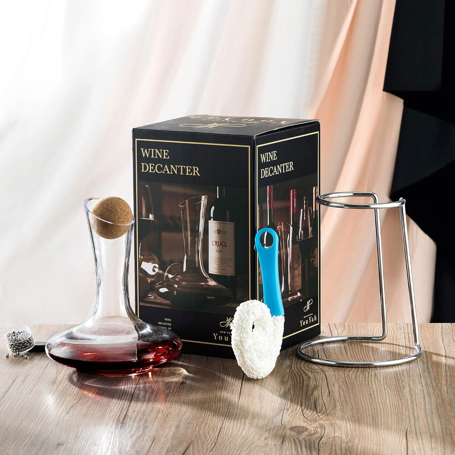 Crystal Wine Decanter Set 1200ml with Stand Stopper Brush Beads Gift Set