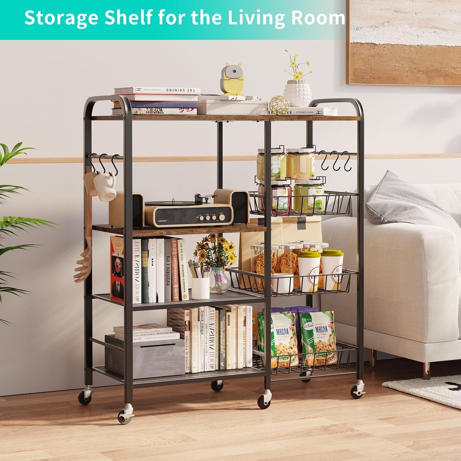 4 Tier Kitchen Trolley on Wheels w/ Pull Out Baskets