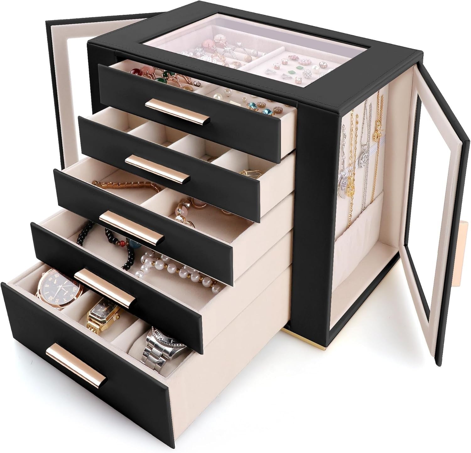 Black PU Leather Jewellery Organizer Box 5 Layer Drawer Storage Case