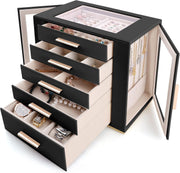 Black PU Leather Jewellery Organizer Box 5 Layer Drawer Storage Case