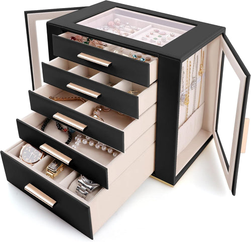 Black PU Leather Jewellery Organizer Box 5 Layer Drawer Storage Case