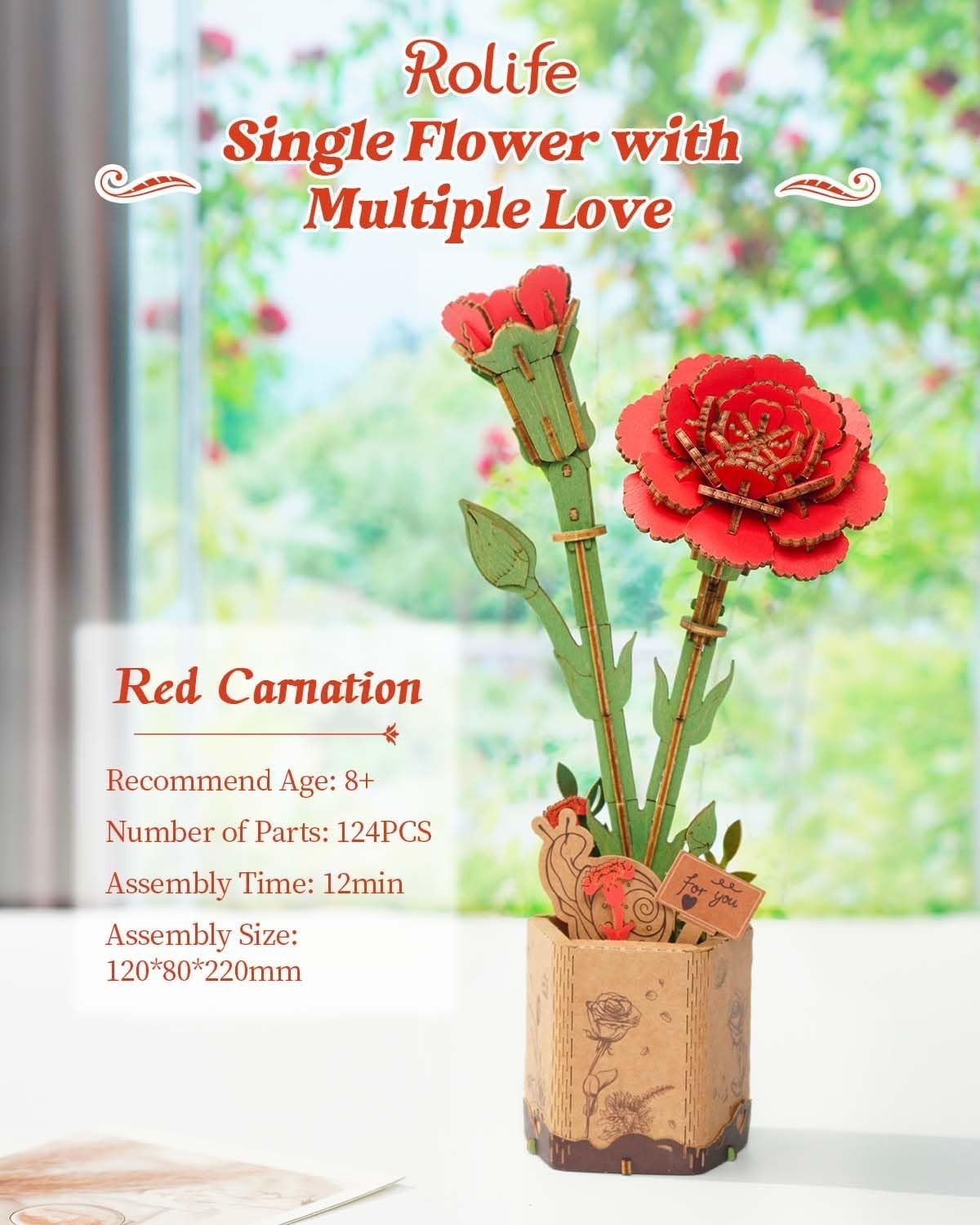 3D Wooden Red Carnation Puzzle Kit – DIY Flower Craft Gift & Decor