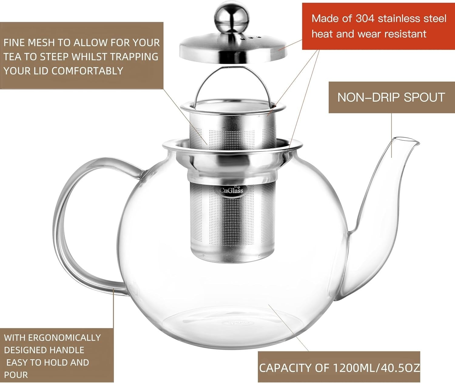 1200ml Glass Teapot with Infuser Stovetop Safe Loose Leaf Tea Maker