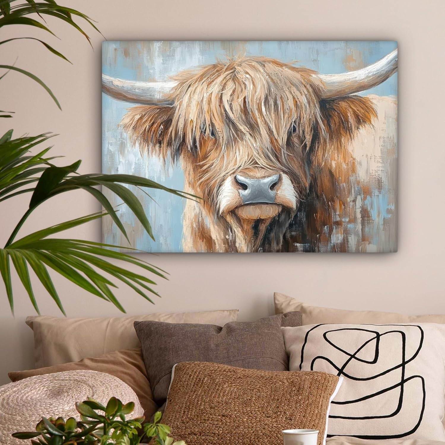 Highland Cow Canvas Wall Art Rustic Farm Animal 80x60cm Living Room Decor