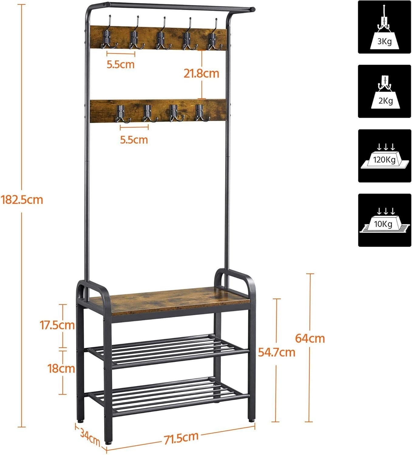 Rustic Brown Coat Rack with Shoe Bench & 23 Hooks | Hall Tree Entryway