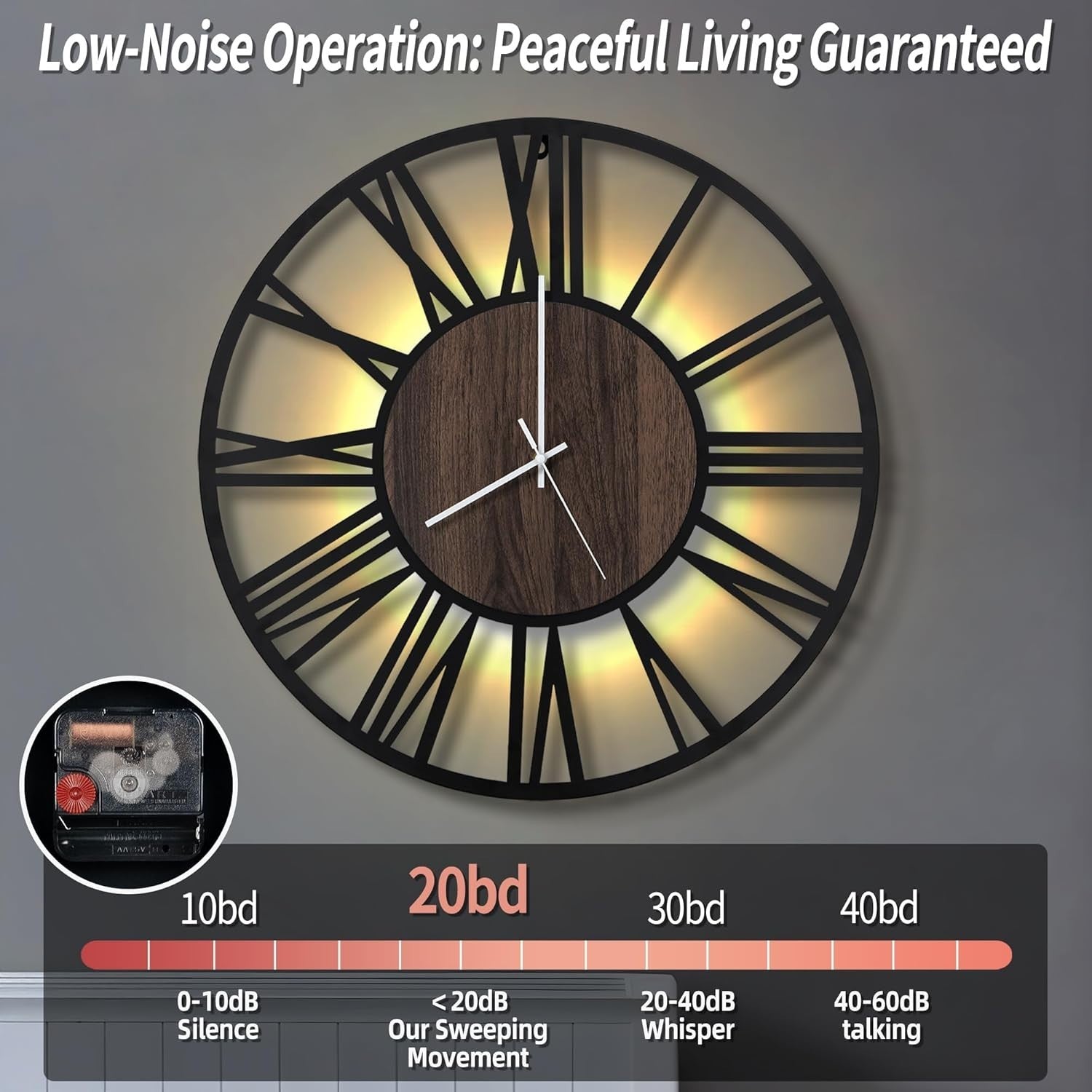 Large 50cm Roman Numeral Wall Clock LED Silent Battery Operated Modern Decor