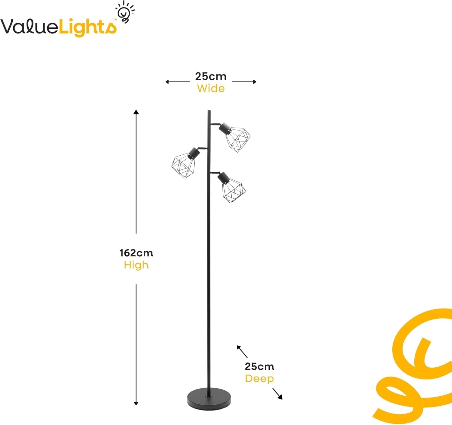 3 Arm Industrial Floor Lamp Matt Black Metal Cage Shades Tall Standing