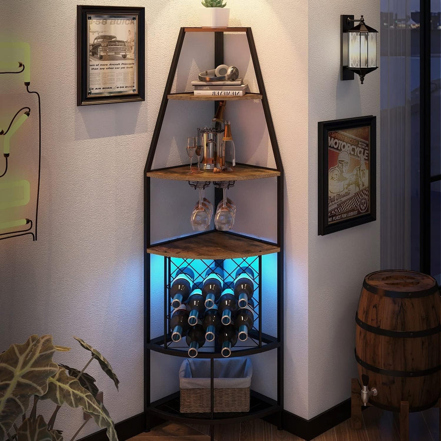 5 Tier Corner Wine Rack with LED Light | Home Bar Shelf Bottle & Glass Storage