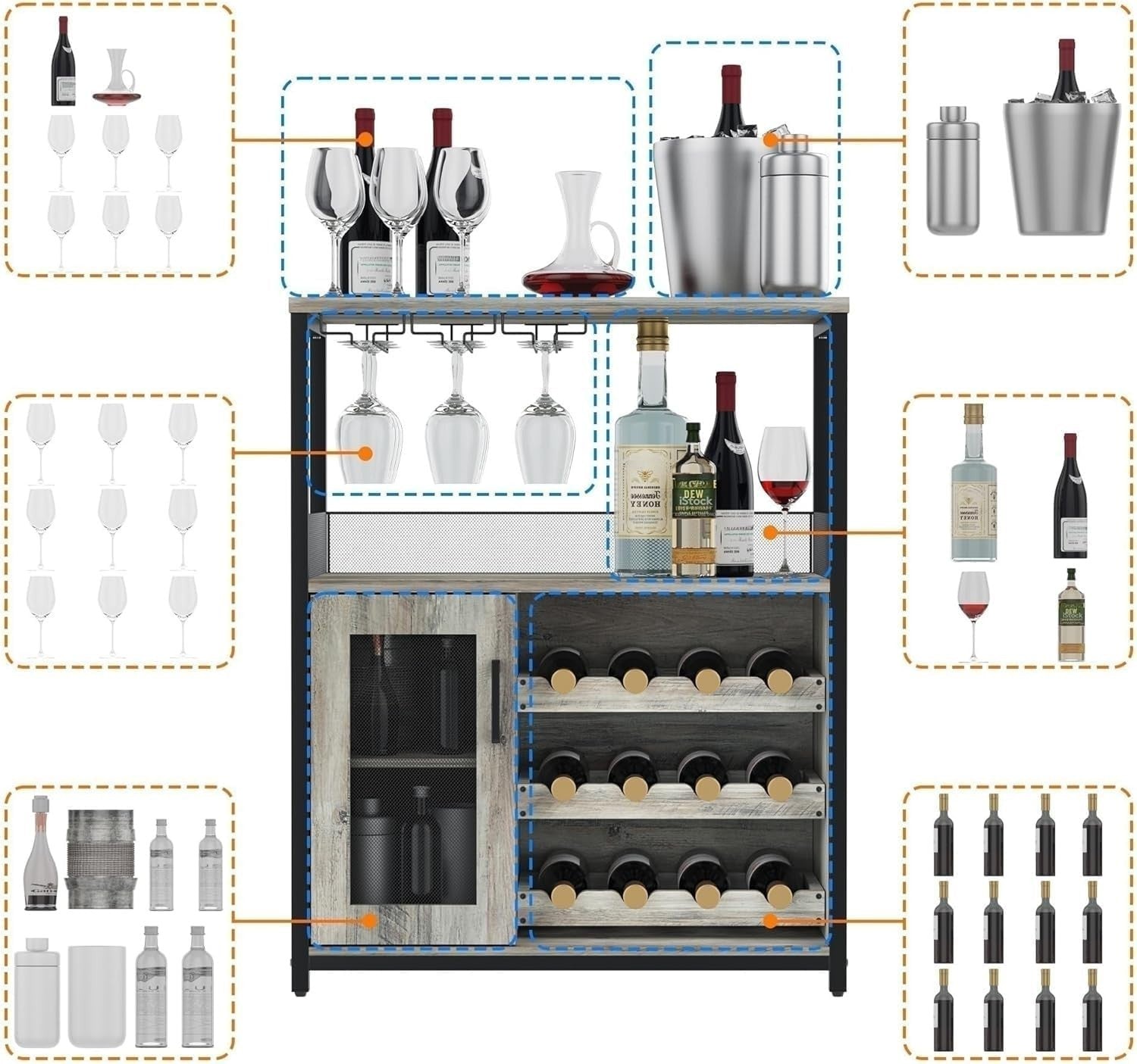 Modern 3-Tier Wine Bar Cabinet with Glass Holder & Storage Shelves for Kitchen