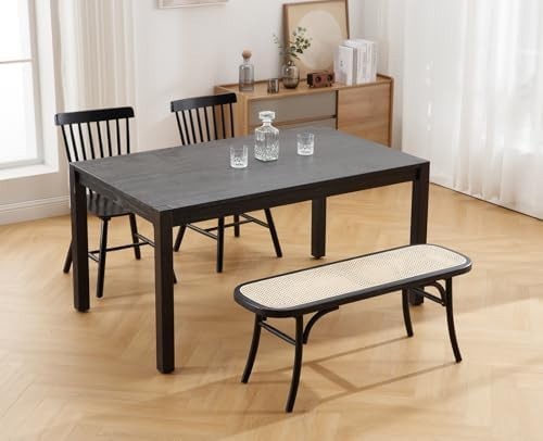 Black Rattan Ottoman Bench with Wood Legs – Retro Dining & Hallway Seat