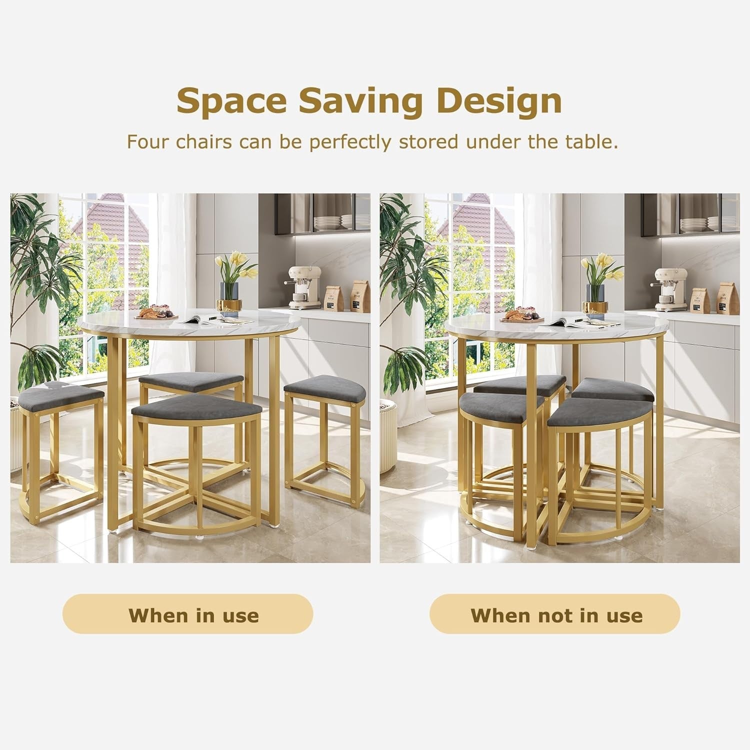 Round Marble Dining Table Set 4 Semi-Circular Stools Space-Saving Chairs