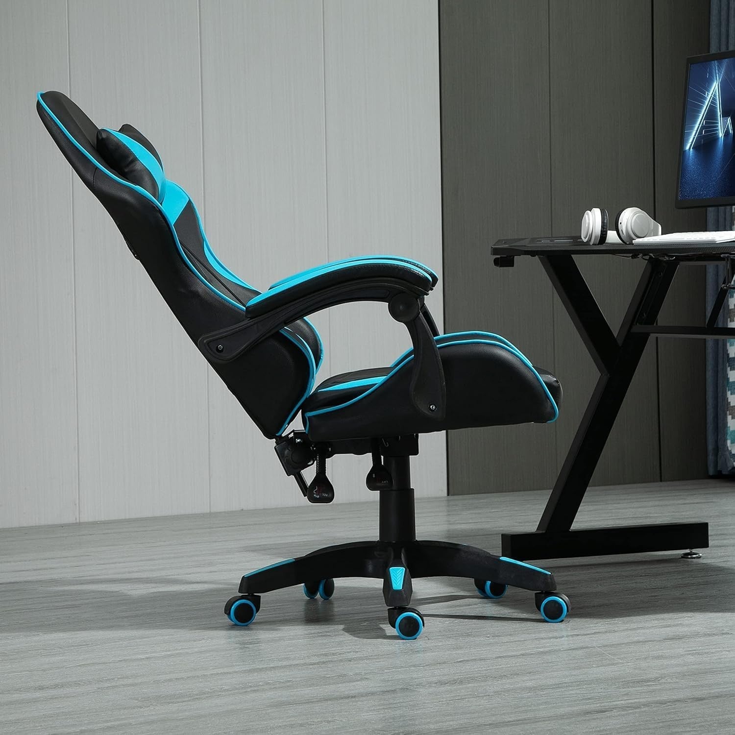 Reclining Gaming Chair Faux Leather w/ Lumbar Headrest Blue