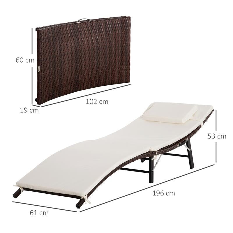 Folding Rattan Sun Lounger Outdoor Recliner Bed with Cushion Pillow