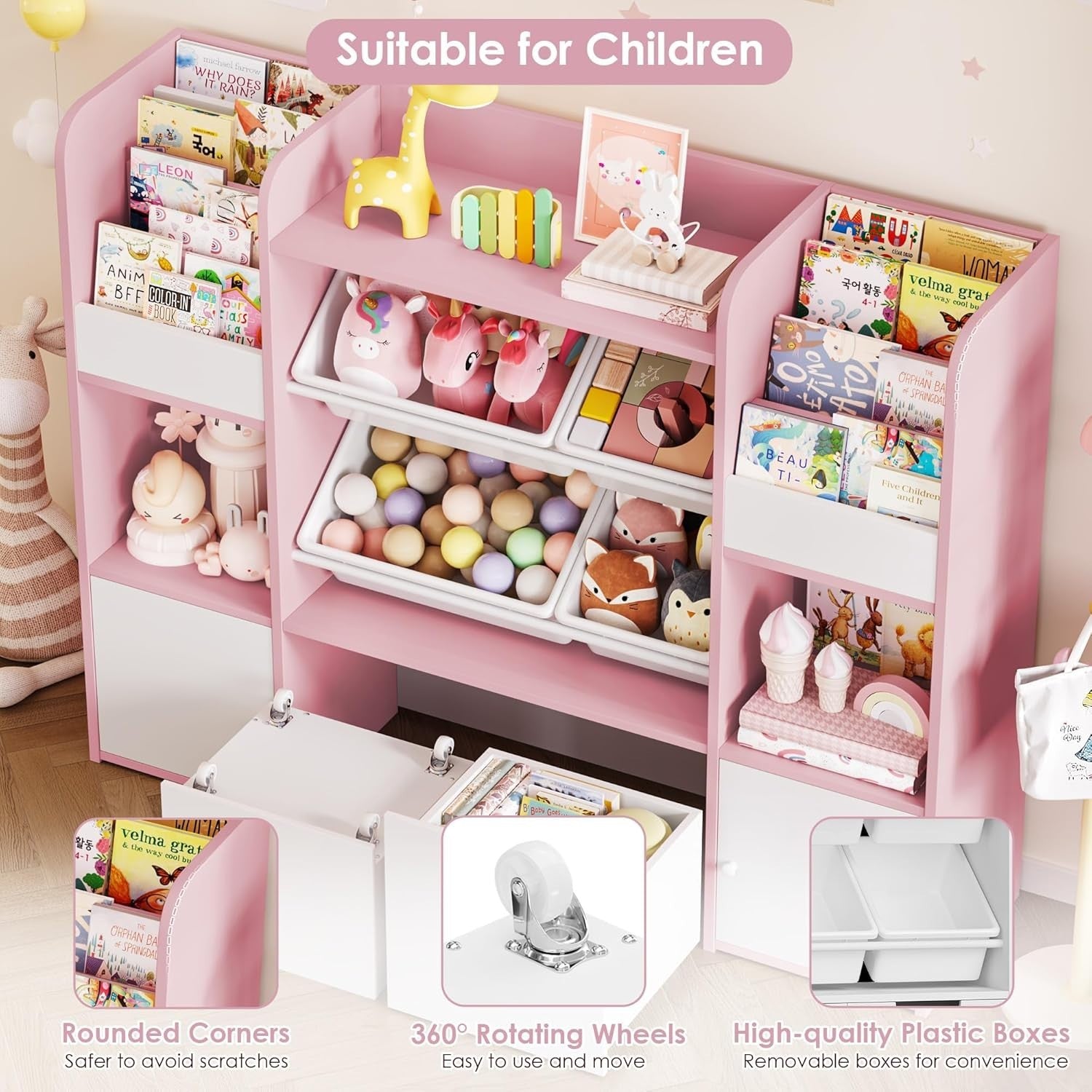 Kids Toy Storage Bookcase with Drawers & Bins – 126cm Pink Organiser