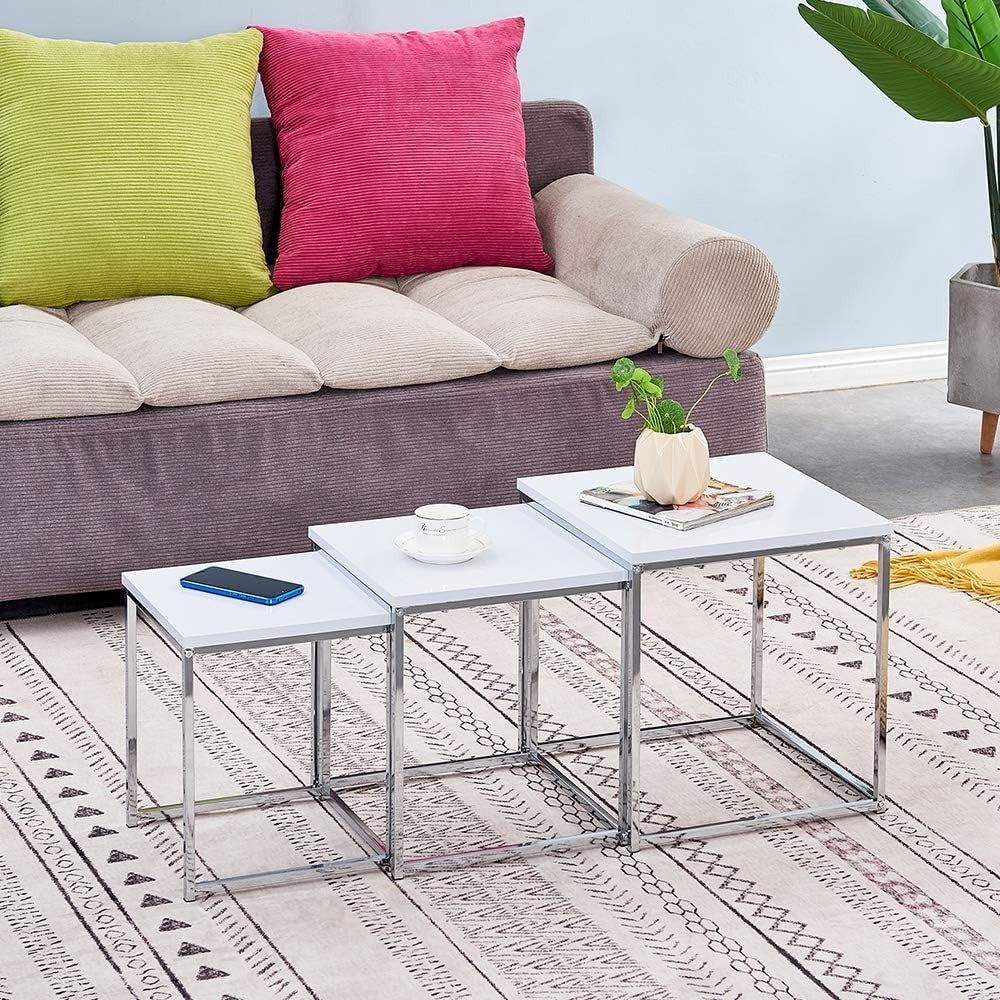 3 Pcs Nesting Coffee Table Set Modern Living Room End Side Tables White Wood