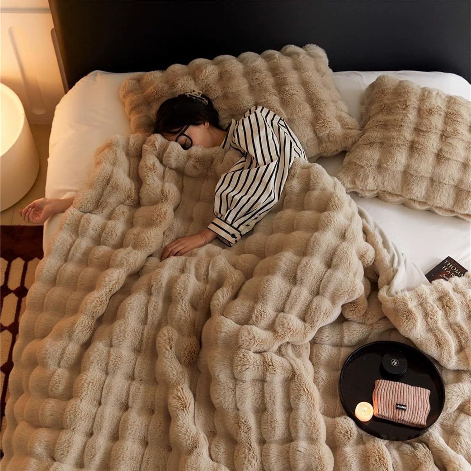 Coffee Faux Rabbit Fur Throw Blanket 100x160cm 720GSM Soft & Warm for Sofa