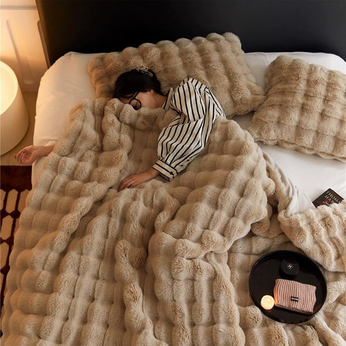 Coffee Faux Rabbit Fur Throw Blanket 100x160cm 720GSM Soft & Warm for Sofa
