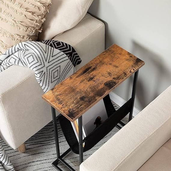 Slim Side Table for Small Spaces with Magazine Holder, Rustic Brown Narrow