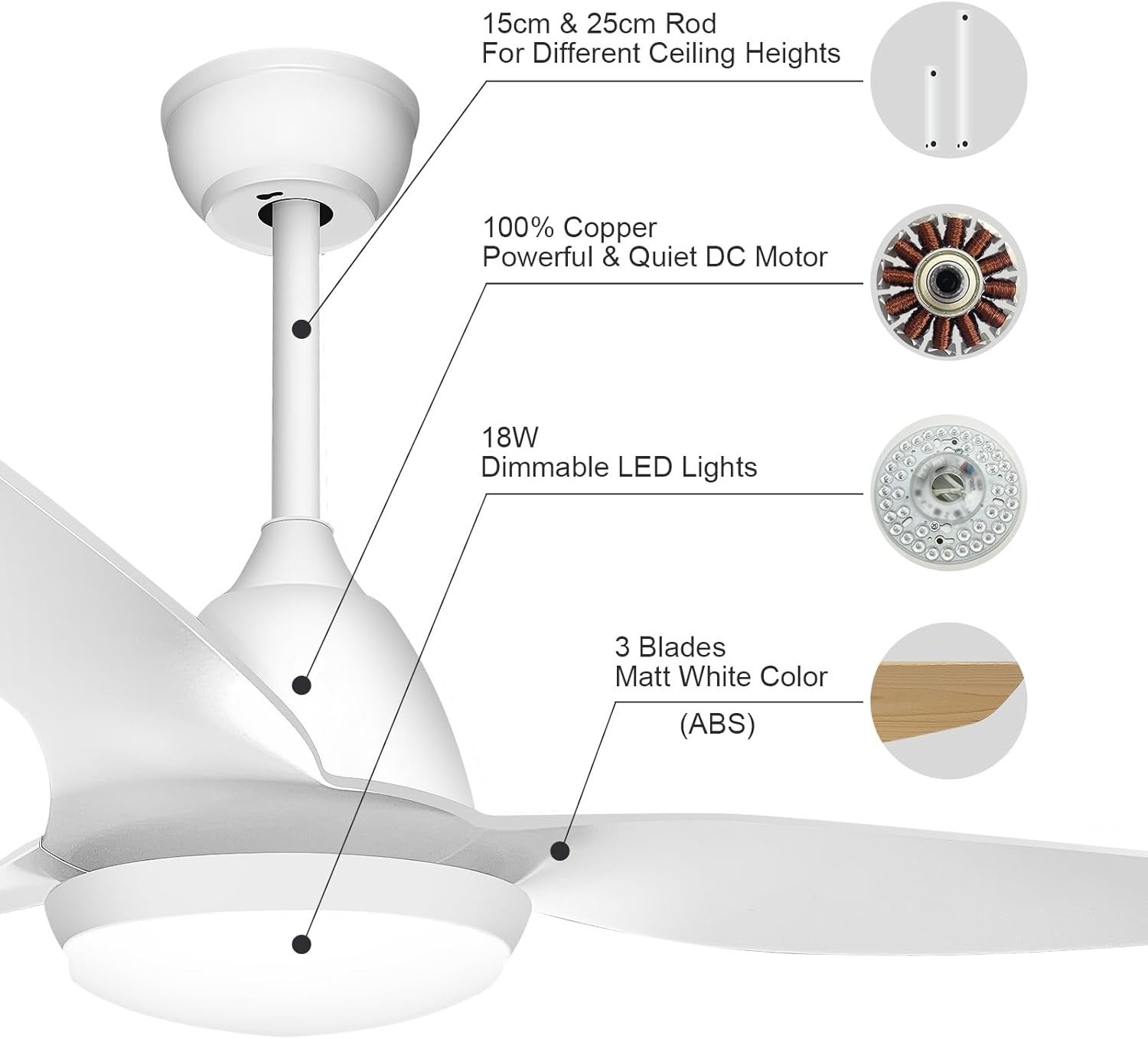 Ceiling Fan Light, Dimmable, Remote Control, Reversible, Timer Function