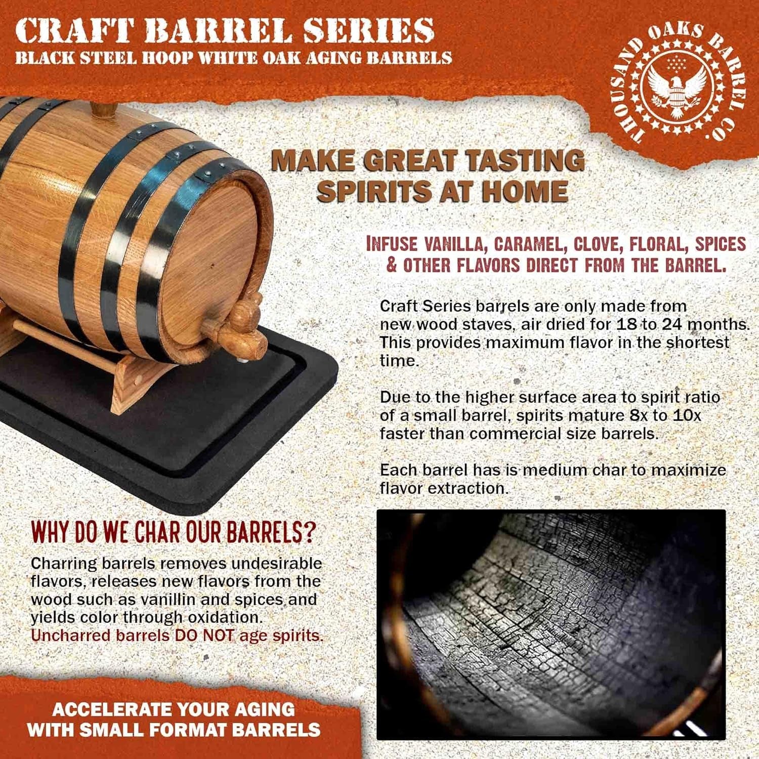 5L Oak Aging Barrel with Stand & Spigot | Charred Whiskey Rum Wine Decanter